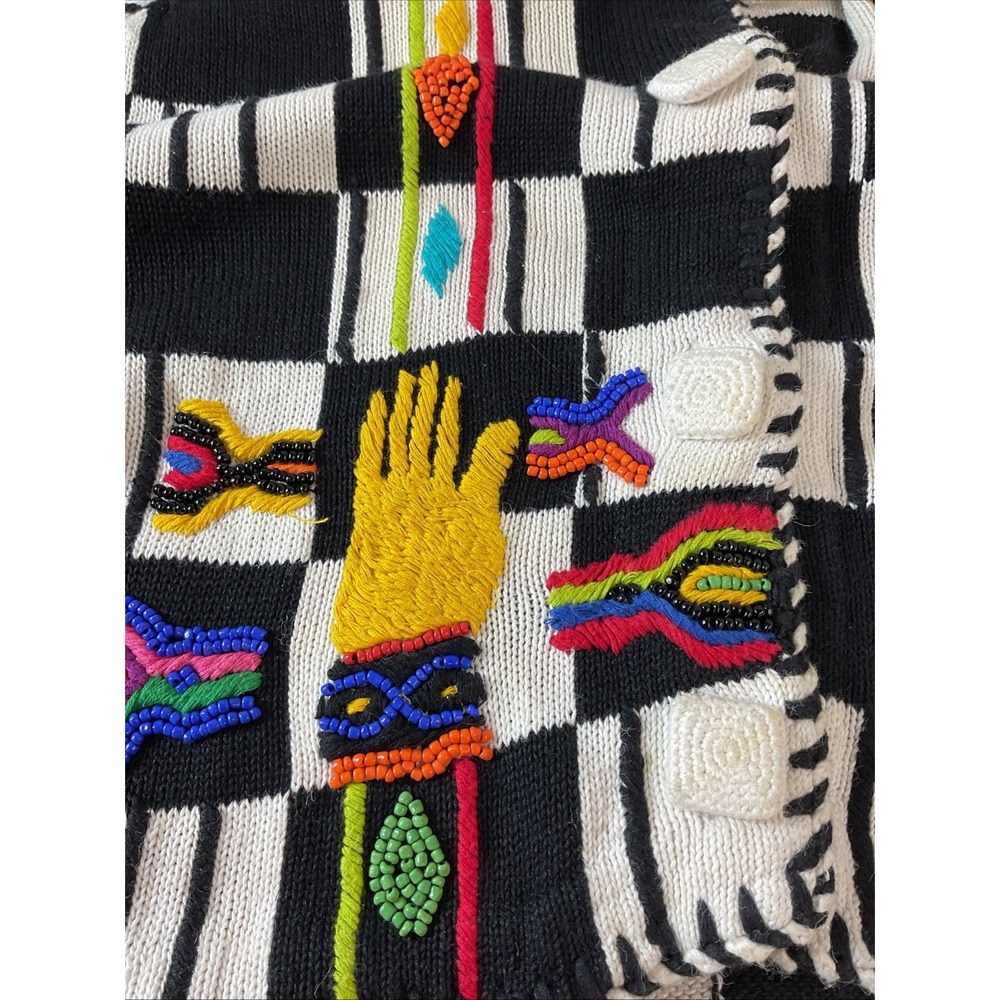 VTG Michael Simon OS Unique Checkered Funky Sweater Cardigan art to wear Gaudy - Picture 6 of 11